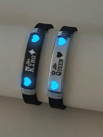 ATLVXJL 2件套发光情侣/友谊硅胶手链套装，她的国王他的王后皇冠和心形图案，休闲饰品，适合日常佩戴和节日礼物