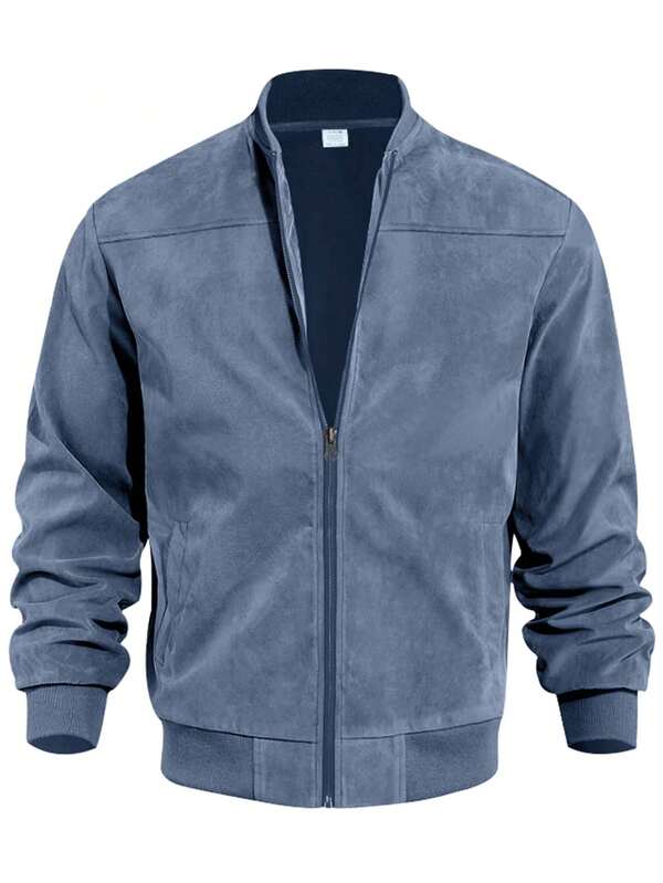 Chaqueta bomber de ante retro para hombre, chaqueta casual con cuello alto y cremallera, parte superior corta minimalista y versátil [Corre grande, se sugiere pedir una talla menos]