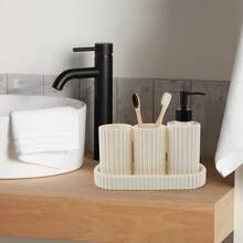 Dispensador Jabón Líquido Set, 1*300ml Dispensador + 2 Vaso para Cepillo de Dientes + Plato, Material de Plástico con Bomba Negra, Ideal para Cocina, Baño, Shampoo, Lotion, Blanco - Blanco - Ver 9