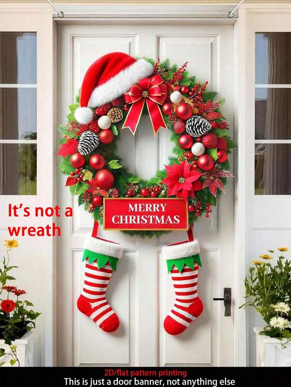 1pc Christmas Wreath Door Banner, Durable Polyester, 70.8x35.4 Inches, Suitable For Home Entrance And Outdoor Christmas Decor, Not A Wreath But A Fabric