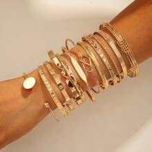 36/12/7 piezas Conjunto de pulseras para mujer, Vintage Fashion de alta calidad, elegante asimétrico con diseños de flores, lazos, estrellas, martillado, hexágonos, trenzado. Adecuado para citas, vacaciones, uso diario, fiestas, regalo de aniversario - Amarillo Oro - Ver 8
