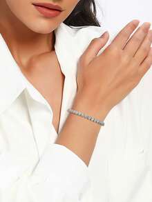 1pc Classic Tennis Style Copper Bracelet, Inlaid With Sparkling Cubic Zirconia, Suitable As Accessory, Jewelry Or Gift For Any Occasion, Unisex 6-7.5 Inches - Heart-shaped - View 3