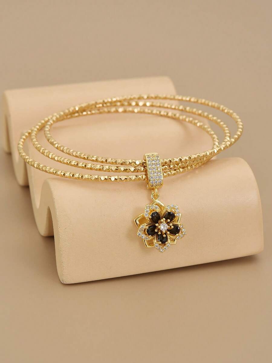1pc Luxurious Fully Rhinestoned Cubic Zirconia Rotating 5-Petal Stainless Steel Bracelet For Women, Women's Accessory, Gift For Her, Gold Bracelet, For Lover, Party (Bracelet Accessories Detachable And Replaceable) - Yellow Gold - View 1