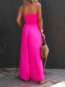 Womens Strapless Smocked Wide Leg Jumpsuit Sleeveless Casual Summer Chiffon Romper With Pockets - Màu Hồng Tươi - Xem 3