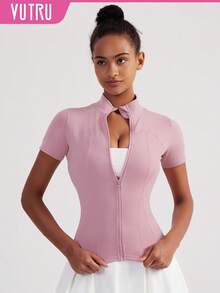 [Spring/Summer] VUTRU 1pc Women's Tight Fit Zip-Up Sports Jacket Short Sleeve Top, Casual Jogger Fitness Activewear For Summer - Dusty Pink - View 1