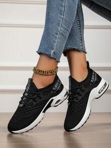 Women's Air Cushion Mesh Breathable Running Shoes, Women's Black Casual Walking Shoes, Women's Black Mesh Breathable Air Cushion Shock Absorbing Sports Shoes, Lightweight Non-Slip Sports Training Shoes Suitable For Gym And Walking, Casual Lightweight Sports Training Shoes