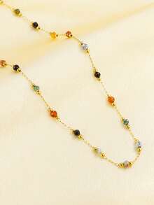 Nooxian 1 buah Kalung Wanita, Kalung Buatan Tangan dari Baja Tahan Karat dengan Manik-Manik Batu Alam Campuran Warna Acak, Aksesori Penumpukan Sehari-hari (Warna & Jumlah Manik-Manik Acak, Tanpa Kotak Hadiah) - Yellow Gold - View 4