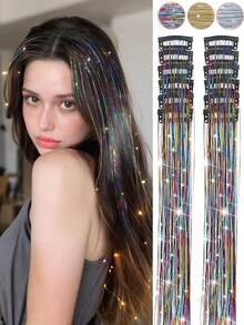 12件装闪亮发饰夹，20英寸闪光发饰接发片，夹式合成假发，发饰套装，耐热闪亮仙女发饰，适合女性和女孩日常佩戴、派对和万圣节，爪夹、发爪、发夹、发卡 - 彩色 - 查看 1