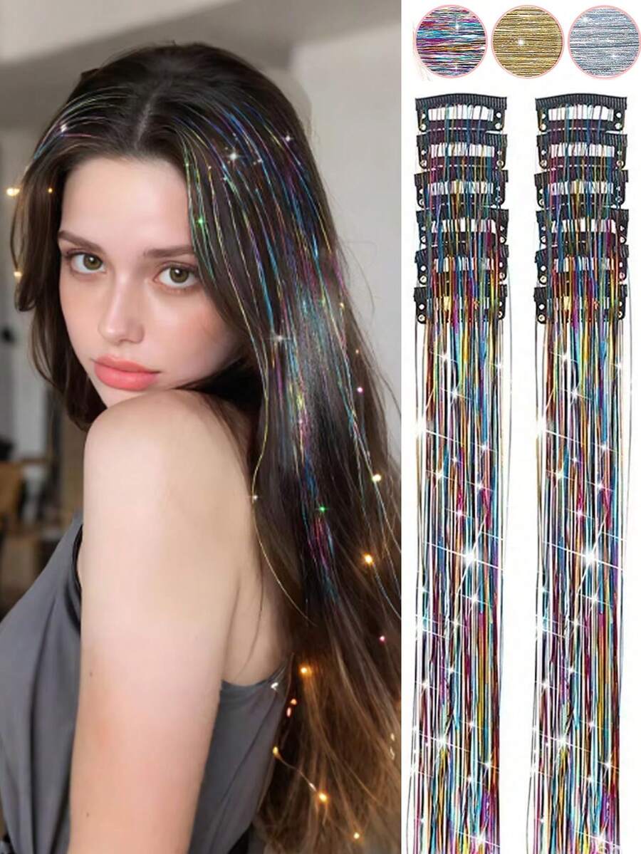12件装闪亮发饰夹，20英寸闪光发饰接发片，夹式合成假发，发饰套装，耐热闪亮仙女发饰，适合女性和女孩日常佩戴、派对和万圣节，爪夹、发爪、发夹、发卡 - 彩色 - 查看 1