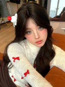 alicegarden 1 合成耐热。长自然波浪发，中心分假发，中等部分，棕色 26 英寸，日常自然、光滑、逼真的假发（不包括配件） - 黑色 - 查看 5