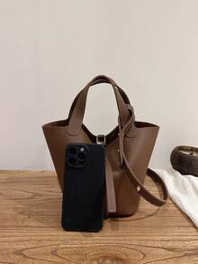 Classic Minimalist Women's Handbag, Solid Color Multifunctional Adjustable Shoulder Strap Crossbody Bag, New Autumn/Winter Style With Lining And Pouch, Suitable For College Students Daily Use And Shopping, Lightweight Large Capacity Bucket Bag - Brown - View 7