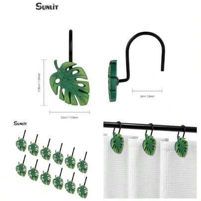 Tropical Leaf Decorative Shower Curtain Hooks Green Botanical Shower Curtain Rings, Resin, Monstera Deliciosa Leaves Shower Curtain Hangers Bathroom, Set Of 12