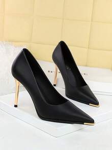 Metallic Pointed Toe Patent Paneled Sexy Versatile Super High Heel Pumps, Women's High Heels For Party