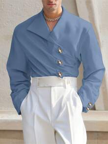 INCERUN Fashion Mens V-Neck Buttons Long Sleeve Pleated Party Casual Loose Blouse Office Work Solid Shirt Tops - 藍色 - 查看 1