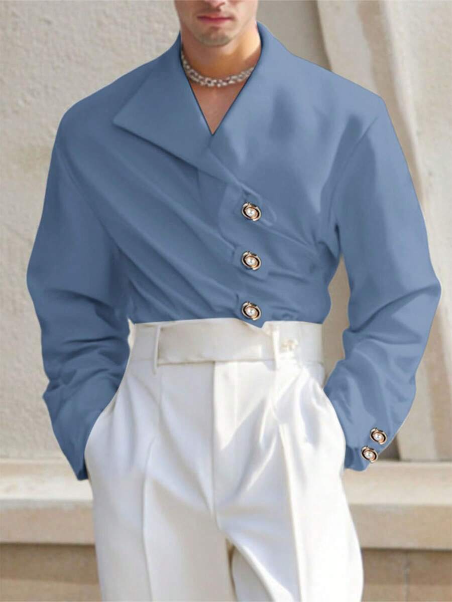 INCERUN Fashion Mens V-Neck Buttons Long Sleeve Pleated Party Casual Loose Blouse Office Work Solid Shirt Tops - 藍色 - 查看 1