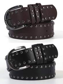 1pc/2pcs Women's Metal Buckle Double Row Rivet Solid Color Punk PU Leather Solid Stud Decor Waist Belt Accessory, Suitable For School, All Seasons, Gift For Women
