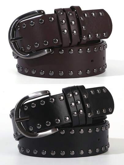 1pc/2pcs Women's Metal Buckle Double Row Rivet Solid Color Punk PU Leather Solid Stud Decor Waist Belt Accessory, Suitable For School, All Seasons, Gift For Women