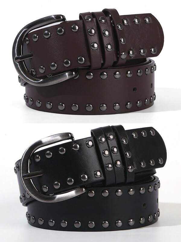 1pc/2pcs Women's Metal Buckle Double Row Rivet Solid Color Punk PU Leather Solid Stud Decor Belt, Suitable For Autumn, School, Women's Gift, Thanksgiving