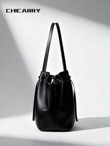 女士纯色大容量手提包，旋转锁扣金属装饰，磁扣闭合，可拆卸优雅丝带手柄，复古街头时尚单肩包，扇形设计，个性化手提包，适合购物、约会、旅行、商务、办公、露营等场合，可收纳雨伞、水瓶、钱包等。 - 黑色 - 查看 5