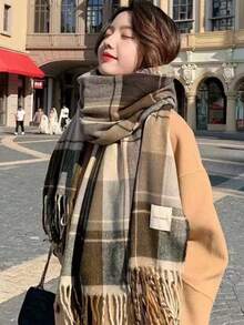 1件女士时尚韩版格子围巾秋冬保暖时尚流苏学生围巾加厚长围巾男情侣披肩 - 咖色 - 查看 7