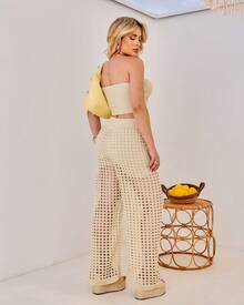Women's Crochet Knit Set, Pants And Cropped Premium - Rượu sâm banh - Xem 2