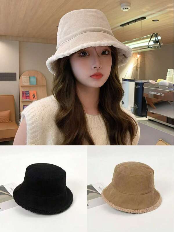 New Stylish Versatile Quality Bucket Hat, Women Autumn/Winter/Spring, Double-Sided Fuzzy Fleece, Fashion Petite Face-Flattering Design, Warm