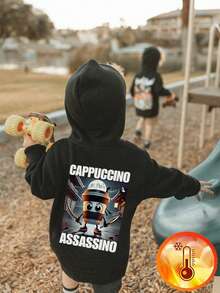 1 pezzo Felpa con cappuccio casual stampata per ragazzo giovane, foderata termicamente, manica lunga, adatta per autunno/inverno - Felpa con personaggio ispirazionale a fumetti Shanhaijing Coffee - nero - Visualizzare 3