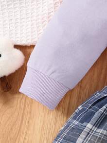 1 件女童休闲“我的猫”字母、蝴蝶结和猫图案柔软针织长袖运动衫连衣裙，格子图案，秋冬 - 紫色 - 查看 5