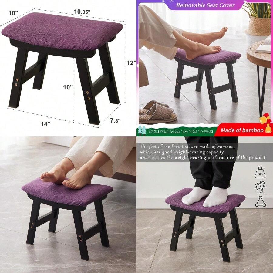 Foot StoolOttoman And Footstool Small Sofa Foot Rest Bamboo Foot Stool Under Desk Extra Seating For Living Room Bedroom And Kitchen Black Stool Legs - Purple Surface