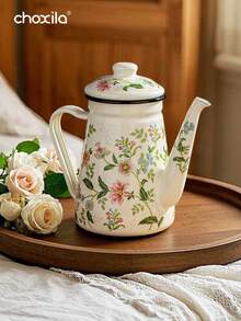 choxila إبريق قهوة مطلي بالمينا بنمط زهري، سعة 1.2 لتر كبيرة مع مقبض وفوهة ضيقة، مناسب للمواقد الكهربائية/الغاز، مثالي لتحضير القهوة أو الشاي، ضروري للعودة إلى الموسم المدرسي - وعاء القهوة - مشاهدة 8