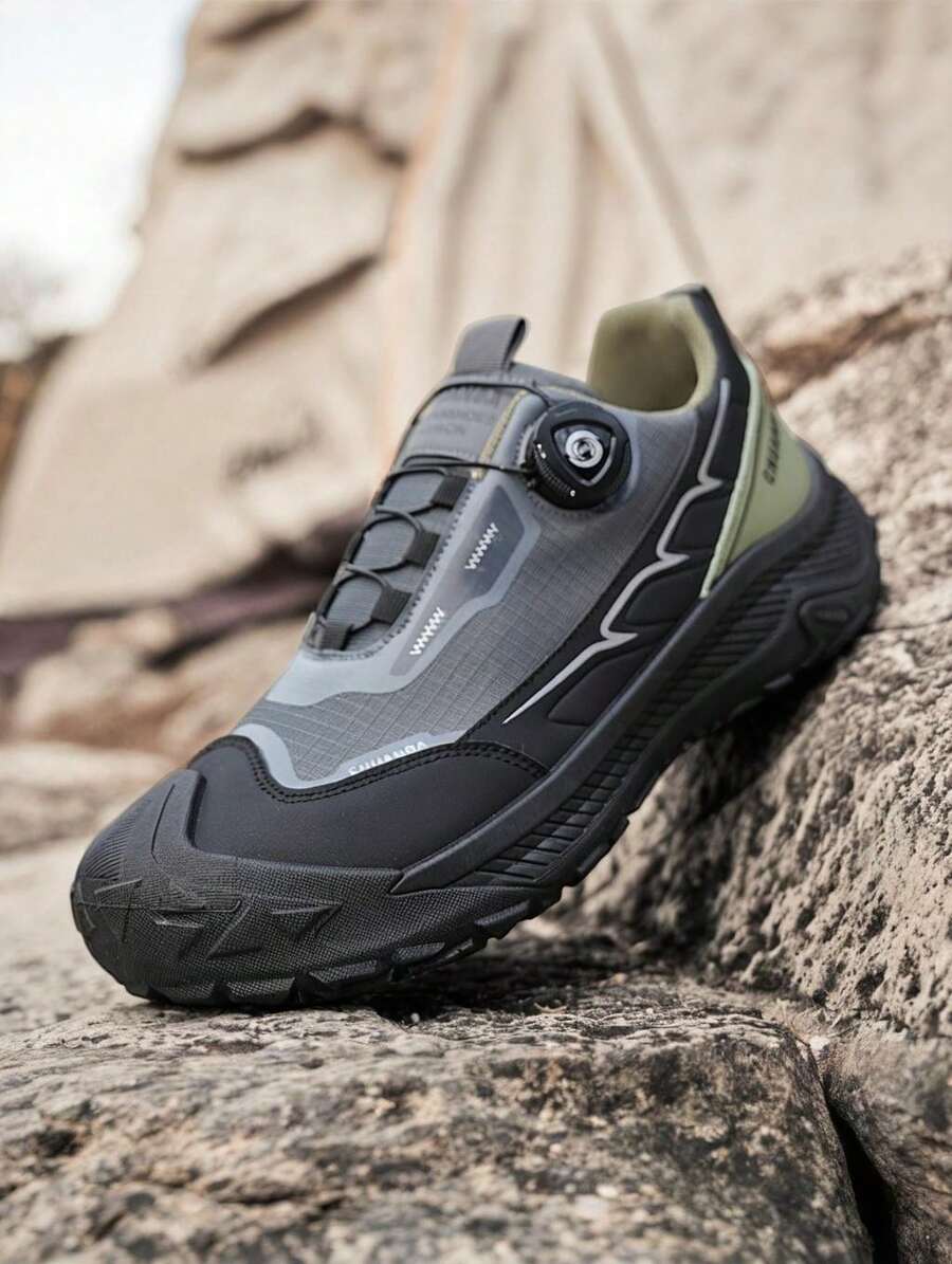 [Special Offer] Men's Quick Rotary Buckle Outdoor Hiking Shoes, Non-Slip Wear-Resistant Rugged Sole Anti-Collision Toe Breathable Trekking Sneakers For Trail Walking Camping Climbing Mountaineering Daily Outdoor Use - 灰色 - 查看 1