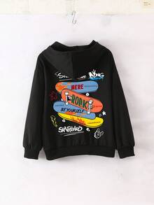 Tween Boy Casual Simple Skateboard Pattern Sporty Style Sweatshirt Boys Long Sleeve Hooded Sweatshirt Autumn And Winter Student Boys Clothing - Black - View 2