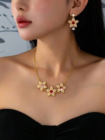 1 Set Elegant Bohemian Style New Pearl Necklace & Earrings Set, Floral Choker Necklace, Personalized Exaggerated Design, Suitable For Women's Daily, Party, Ball Occasions