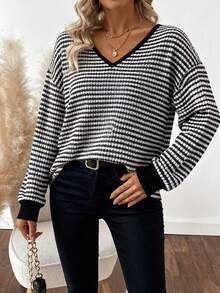 大码女式条纹撞色拼接扭纹背心无袖上衣 - 黑色 - 查看 3