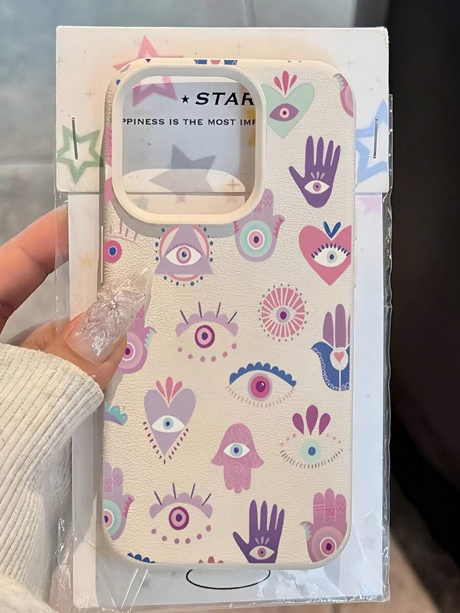 Luxury TPU Shockproof Evil Eye Heart Pattern TPU Shockproof Evil Eye Pattern Litchi Texture Fashionable 1pc Colorful Palm Eye Heart Pattern Phone Premium Case Compatible With IPhone 15 14 13 12 11 16 17 Pro Max International Version Not The Domestic Version Birthday Gift Spring Party - Multicolor - View 1