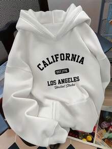 [FNI Fusion]Plus Size Women Clothes | Retro California Los Angeles Letter Print Hoodies For Women, Oversized Casual Going Out Tops Women, Perfect For Vacation Outfits Women & Valentine's Day Date Looks, Cozy Fleece Lined Drop Shoulder Hoodie For Daily & Holiday WearWomen Long Sleeve Sweatshirts Plus Size Spring Break Summer Tops For Women Relaxed Daily Outfit. - 白色 - 查看 1