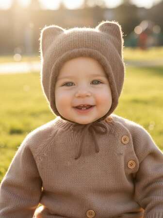 1 st. varm stickad mössa för baby/småbarn i kaffefärg, vintermössa med öronlappar för spädbarn, minimalistisk design, höst/vinter
