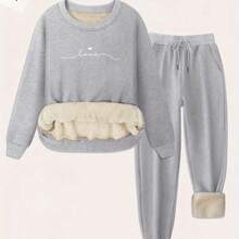 Women'S Cozy Fleece-Lined Sweatshirt & Jogger Set - Casual Long Sleeve Crewneck With "Love" Print, Drawstring Pockets, And Thickened Design For Fall/Winter, Cozy Clothing | Relaxed Fit Pants | Fleece Lined Sweatshirt, Sweater Pants - Xám đậm - Xem 2