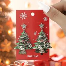 Pendientes de árbol de Navidad para mujer, exquisitos pendientes colgantes con diamantes de imitación. - Verde - Ver 6