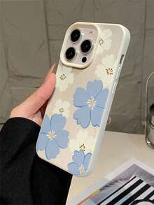 Estuche suave antideslizante moderno y avanzado con patrón de lichi de grandes agujeros en blanco y patrón de flores grandes en azul, compatible con Iphone 16Pro Max/14 Pro/13 Pro Max/12 y otras series, estuche protector anticaídas todo incluido creativo personalizado. - Multicolor - Ver 4