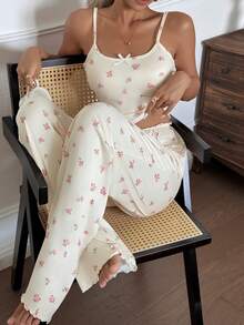Nina Bonheur 2pcs Ditsy Floral Women Camisole Crop Top + Elastic Waist Straight Pants Pajama Sleepwear Set