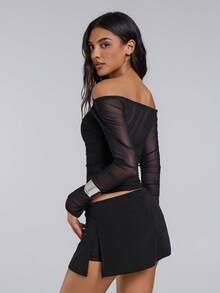 TypaGal Winter Fall Modern Wild Chic New Year Party Retro Elegant Sexy Street Minimalist Black Mesh Off Shoulder Ladies' Solid Color See-Through Long Sleeve Top - Black - View 3
