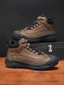 Men's High Top Outdoor Hiking Work Boots, Lace Up Anti-Slip Wear-Resistant Thick Sole Toe Protection Casual Trekking Ankle Boots For Men Daily Commute Outdoor Activities - màu nâu - Xem 3