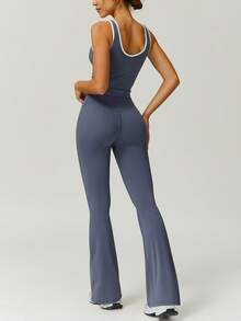 NcmRyu 1 Set Women's High Elasticity Contrast Color V-Neck Slim Waist Tank Top And Pants Sports Suit Summer - 霧霾藍 - 查看 2