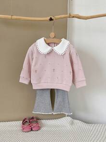 2pcs/Set Baby Girl Floral Embroidery Peter Pan Collar Long Sleeve Sweatshirt And Ruffle Hem Pants Set, Spring/Autumn - Pink - View 5