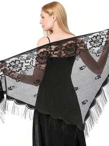 1 件女式花卉蕾丝边围巾披肩带流苏，柔软网状流苏披肩，适合婚纱、婚礼/派对晚礼服 - 純白色 - 查看 21