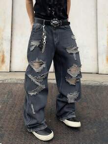 1 chiếc quần jeans ống rộng rách rưới dành cho nam, kiểu dáng vintage Mỹ, phong cách đường phố, dáng rộng thoải mái (Sản phẩm không bao gồm thắt lưng và phụ kiện) - Màu xanh bụi bặm - Xem 6