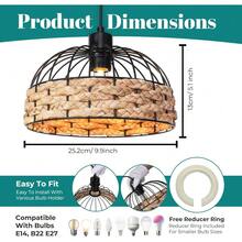 Large Metal Rope Light Shade, Retro Black Lamp Shade With Jute Rope Lamp Shades Ceiling, Rattan Lampshade, Pendant Lampshades For Ceiling Lights, Living Rooms, Kitchen, Bedroom, Hallways - Black - View 4