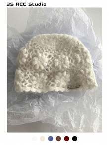 女士花卉头带帽，秋冬新款百搭修脸保暖针织帽，手工钩编花朵甜美复古舒适毛绒拉绒针织帽 - 彩色 - 查看 1