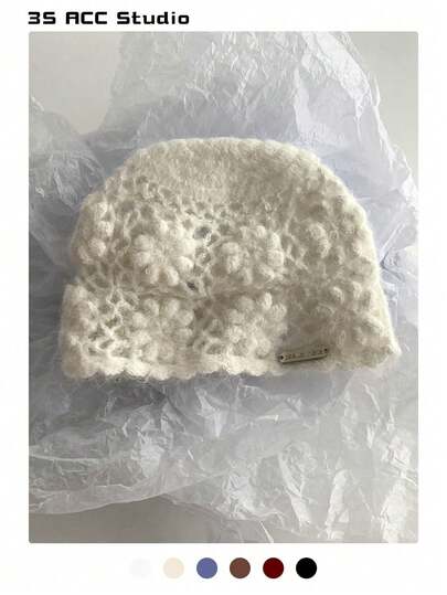 女士花卉头带帽，秋冬新款百搭修脸保暖针织帽，手工钩编花朵甜美复古舒适毛绒拉绒针织帽